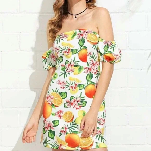 Off-The-Shoulder Bubble Sleeve Fruit Print Mini Dress • New • Medium - Picture 3 of 3